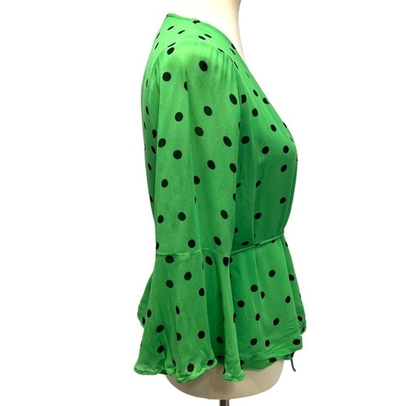 Ganni Dainty Georgette Green Polka Dot Bell Sleeve Wrap Top Women’s EU 36 - Picture 8 of 12